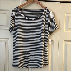 Talbots NWT White and Green Striped Tee with pink trim at scoop neckline
